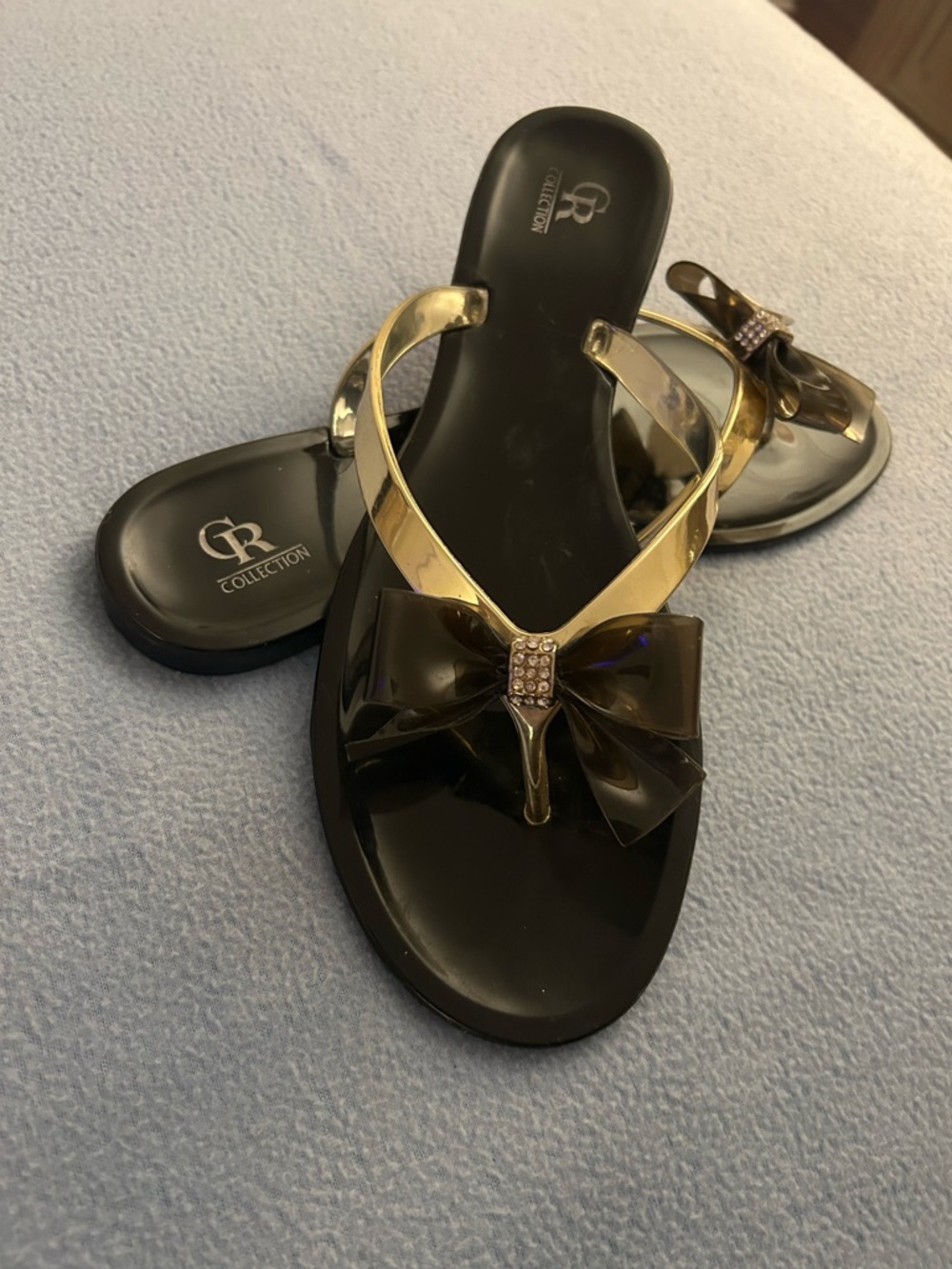 CR Collection Black Jelly Sandals with Gold Straps & rhinestones - Picture 16 of 16